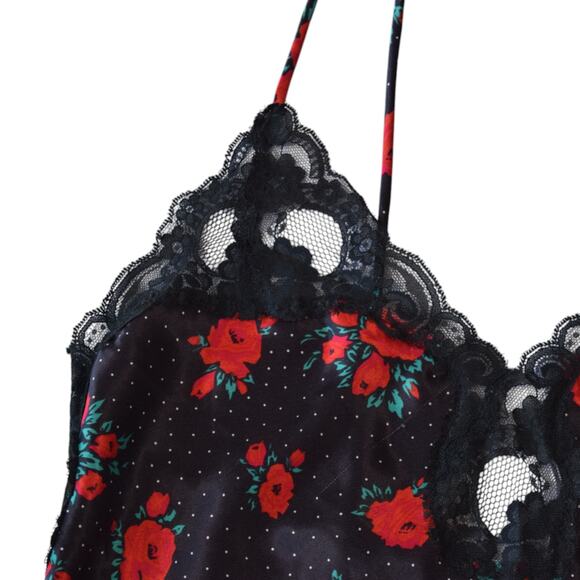 Black Floral Lace Cami Top Medium – Satin Rose Print Spaghetti Strap Tank - Picture 3 of 6